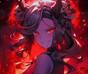 Preview wallpaper girl, devil, skulls, fire, art, anime