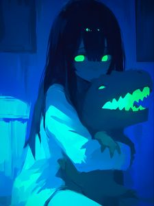 Preview wallpaper girl, dinosaur toy, eyes, art, anime