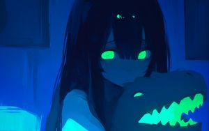 Preview wallpaper girl, dinosaur toy, eyes, art, anime