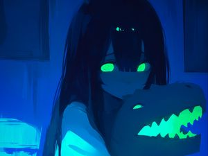 Preview wallpaper girl, dinosaur toy, eyes, art, anime