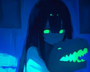 Preview wallpaper girl, dinosaur toy, eyes, art, anime