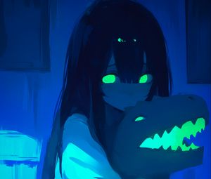 Preview wallpaper girl, dinosaur toy, eyes, art, anime