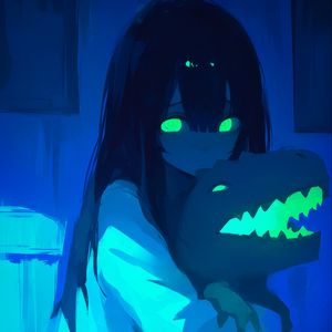 Preview wallpaper girl, dinosaur toy, eyes, art, anime