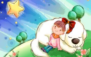 Preview wallpaper girl, dog, bow, sky, star, meadow, trees