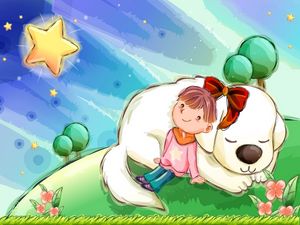 Preview wallpaper girl, dog, bow, sky, star, meadow, trees