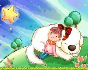 Preview wallpaper girl, dog, bow, sky, star, meadow, trees