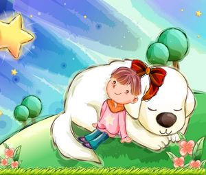 Preview wallpaper girl, dog, bow, sky, star, meadow, trees