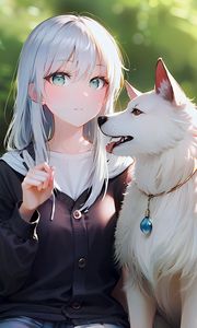 Preview wallpaper girl, dog, collar, backpack, forest, anime