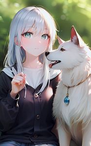 Preview wallpaper girl, dog, collar, backpack, forest, anime