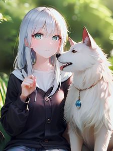 Preview wallpaper girl, dog, collar, backpack, forest, anime