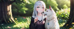 Preview wallpaper girl, dog, collar, backpack, forest, anime