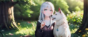 Preview wallpaper girl, dog, collar, backpack, forest, anime