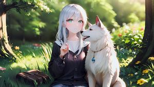 Preview wallpaper girl, dog, collar, backpack, forest, anime