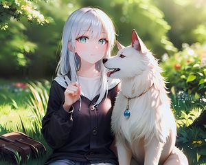 Preview wallpaper girl, dog, collar, backpack, forest, anime