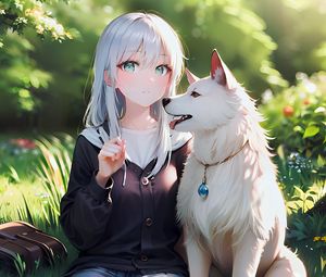 Preview wallpaper girl, dog, collar, backpack, forest, anime