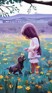 Preview wallpaper girl, dog, flowers, pet, cute