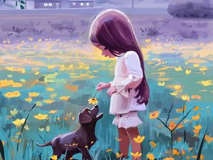 Preview wallpaper girl, dog, flowers, pet, cute