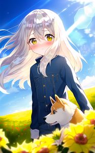 Preview wallpaper girl, dog, flowers, field, anime