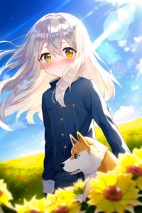Preview wallpaper girl, dog, flowers, field, anime