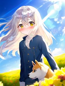 Preview wallpaper girl, dog, flowers, field, anime