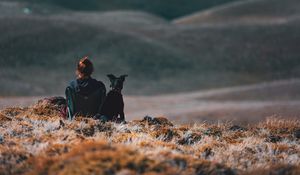 Preview wallpaper girl, dog, friends, mountains, trip