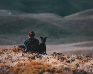 Preview wallpaper girl, dog, friends, mountains, trip