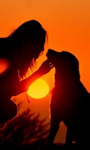 Preview wallpaper girl, dog, light, shadow, silhouette