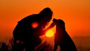 Preview wallpaper girl, dog, light, shadow, silhouette