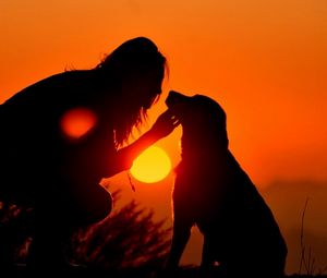 Preview wallpaper girl, dog, light, shadow, silhouette