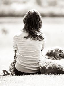 Preview wallpaper girl, dog, nature, black white, walk, back