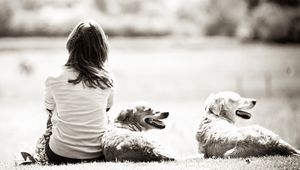 Preview wallpaper girl, dog, nature, black white, walk, back