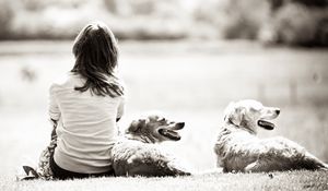 Preview wallpaper girl, dog, nature, black white, walk, back