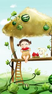 Preview wallpaper girl, dog, watermelon, food, garden, mill
