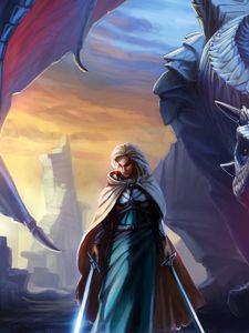 Preview wallpaper girl, dragon, fantasy, sword, wings, mouth, cloak