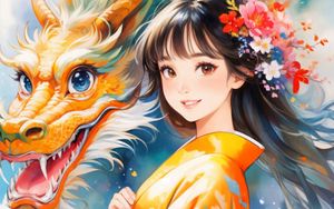 Preview wallpaper girl, dragon, flowers, anime, art