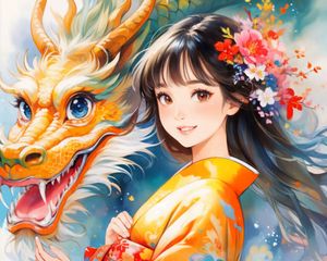 Preview wallpaper girl, dragon, flowers, anime, art