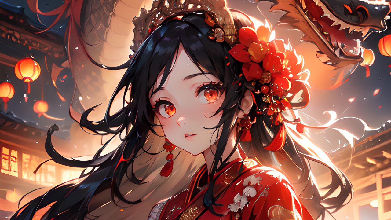Wallpaper girl, dragon, kimono, jewelry, anime, art, red
