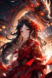 Preview wallpaper girl, dragon, kimono, jewelry, anime, art, red