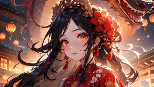 Preview wallpaper girl, dragon, kimono, jewelry, anime, art, red