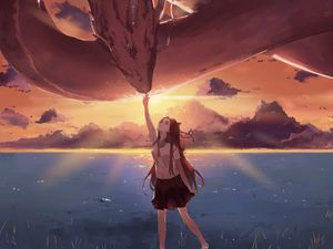Preview wallpaper girl, dragon, lake, anime, art