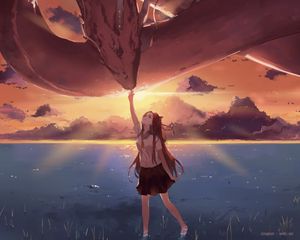 Preview wallpaper girl, dragon, lake, anime, art