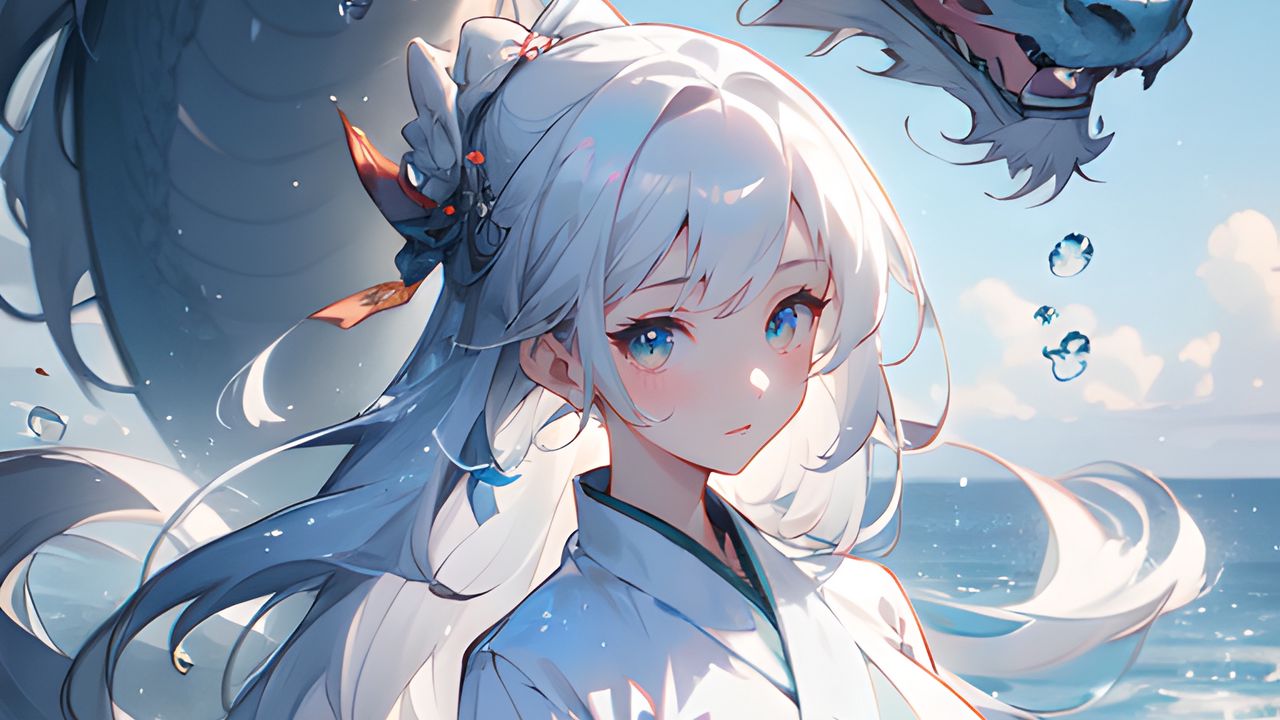 Wallpaper girl, dragon, sea, blue, art, anime