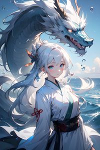 Preview wallpaper girl, dragon, sea, blue, art, anime