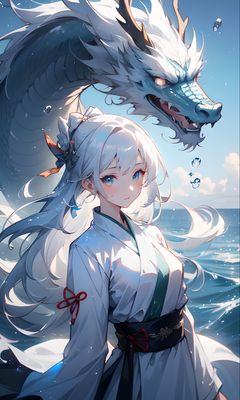 240x400 Wallpaper girl, dragon, sea, blue, art, anime