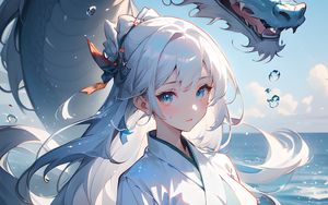 Preview wallpaper girl, dragon, sea, blue, art, anime