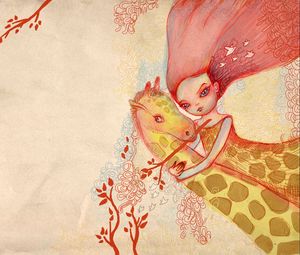 Preview wallpaper girl, drawing, giraffe, hugs