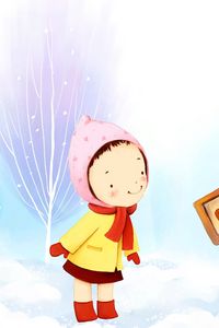 Preview wallpaper girl, drawing, winter, sign, snow, dreams