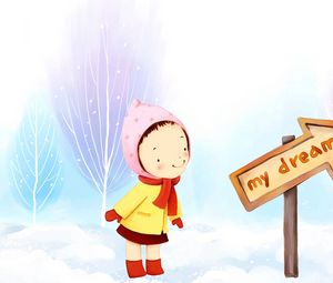 Preview wallpaper girl, drawing, winter, sign, snow, dreams