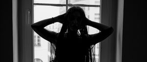 Preview wallpaper girl, dreadlocks, silhouette, dark, bw