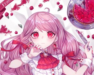 Preview wallpaper girl, dress, berries, anime, art, pink
